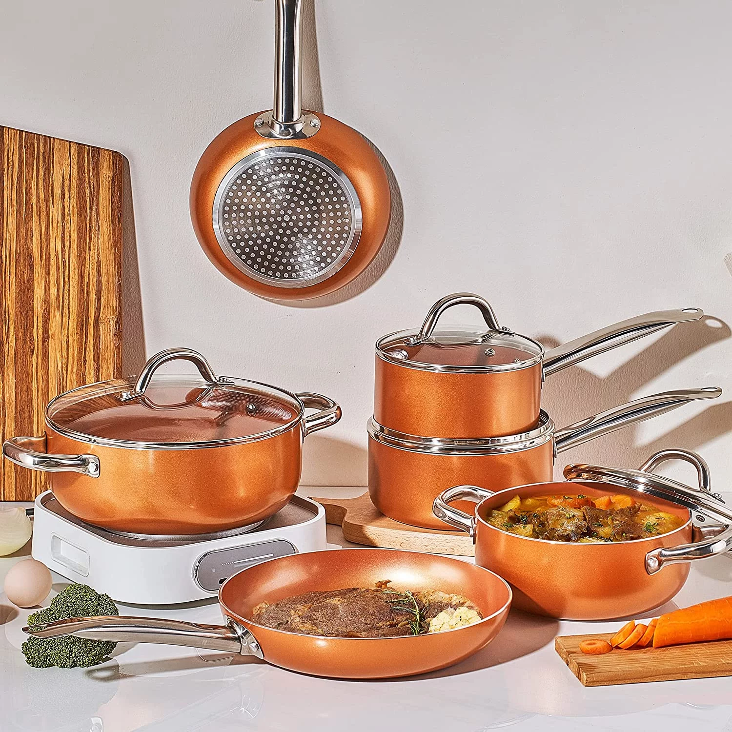 Excellent Copper Pots and Pans Set  10 Piece Nonstick Chef Cookware Set with Ceramic Coating  No Assembly Required Stainless Steel Handles  Dishwasher & Oven Safe  Orange