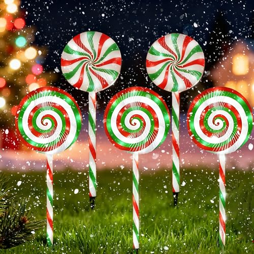 Christmas Lollipop Pathway Lights-5 Pack Solar Powered Outdoor Garden Path Lights Xmas Candy Cane Landscape Lighting Solar Waterproof Decorative Lights Decorations Outside Yard