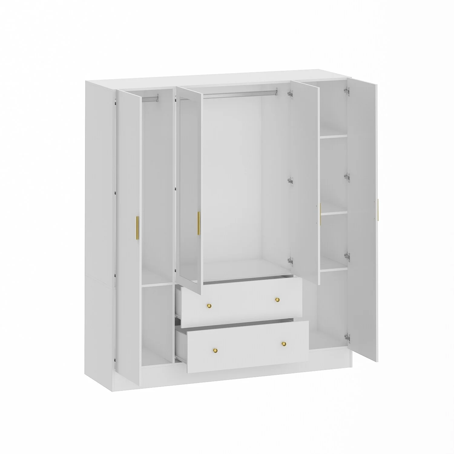 Timechee Wardrobe Armoire Wooden Closet with Mirror 4 Doors 2 Drawers White