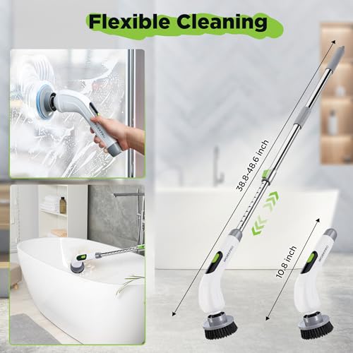 WORKPRO Electric Spin Scrubber, Cordless Cleaning Brush, 3-Speed, Long Adjustable Handle & 8 Replaceable Brush Heads, Waterproof Scrubber for Bathroom, Kitchen, Bathtub, and Floor, for Women