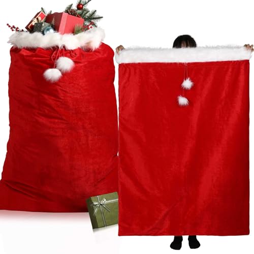 Treela 2 Pcs 56 x 36 Inch Extra Large Christmas Velvet Santa Bag Jumbo Red Santa Gift Sack with Cord Drawstring Giant Xmas Gift Bag Large Wrap Sack for Xmas Present Party Supply Holiday Wrapping