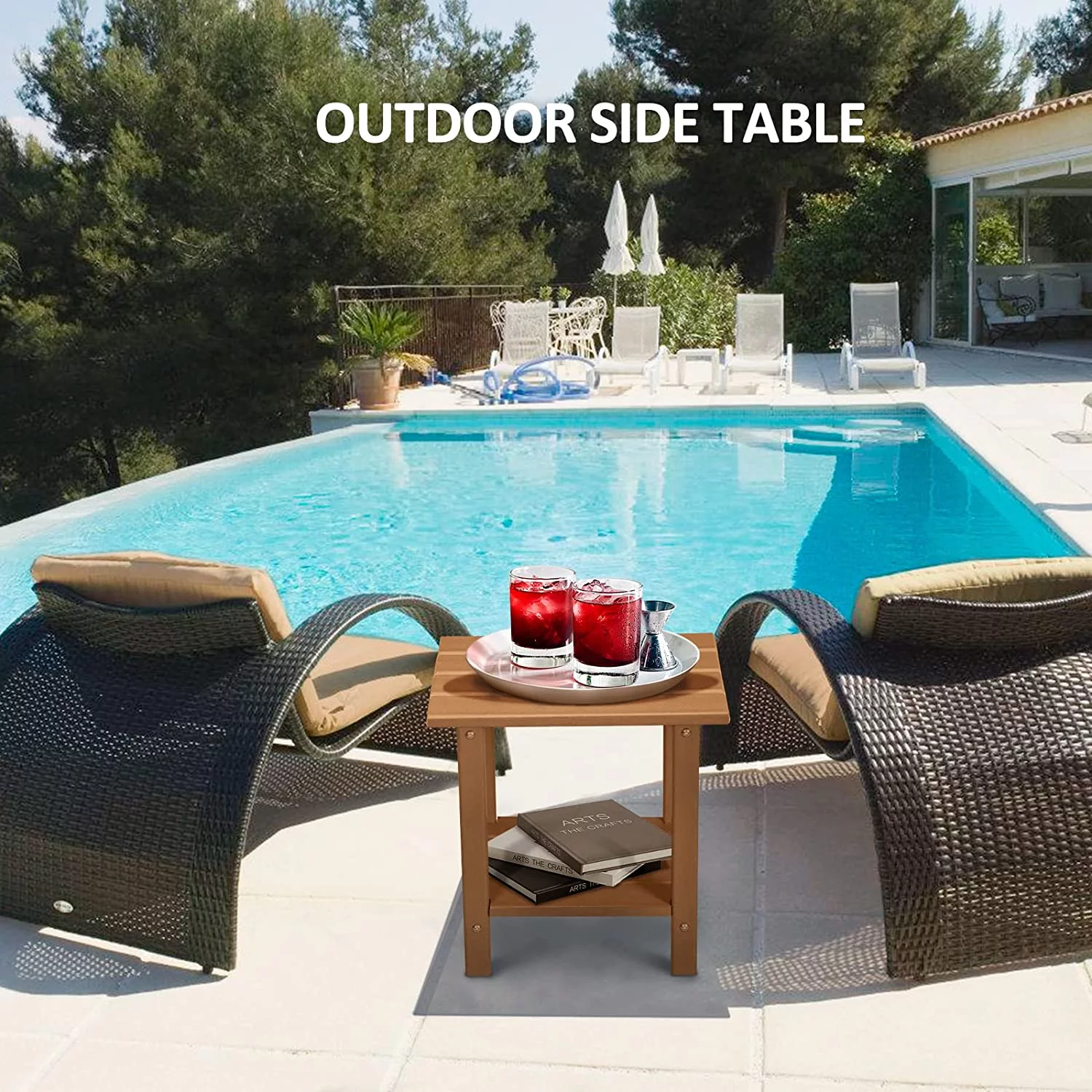 Nalone 2 -Tier Outdoor Side Table HDPE Adirondack Table Patio Side Table Weather Resistant End Table Small Outdoor Table (Rectangular, Teak)