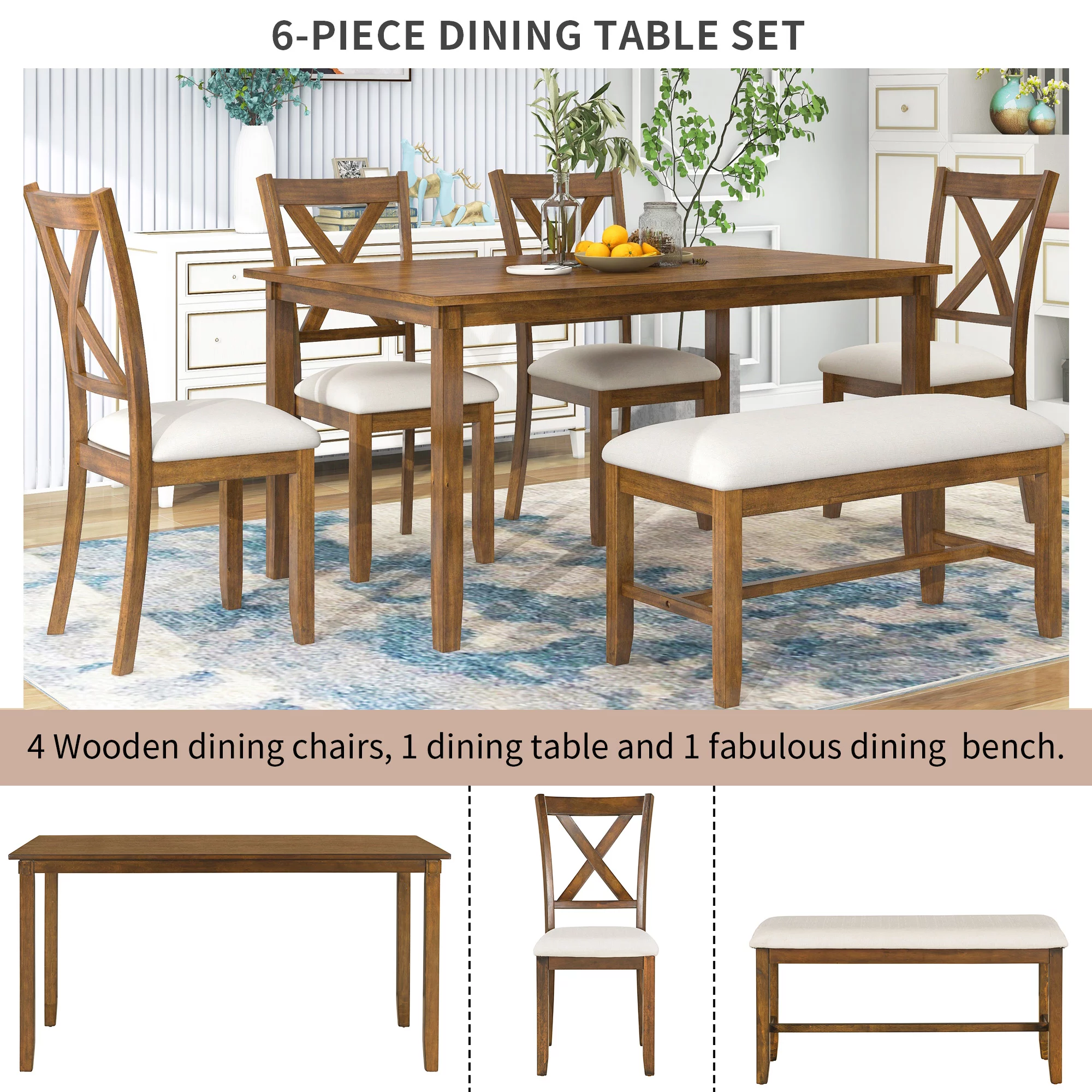Prehome 6-Piece Kitchen Dining Table Set Wooden Rectangular Dining Table, 4 Fabric Chairs and Bench Family Furniture (Natural Cherry)