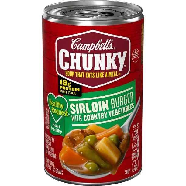 Campbell’s Chunky Healthy Request Soup, Ready to Serve Sirloin Burger with Country Vegetable Beef Soup, 18.8 Oz Can, Quantity of 24