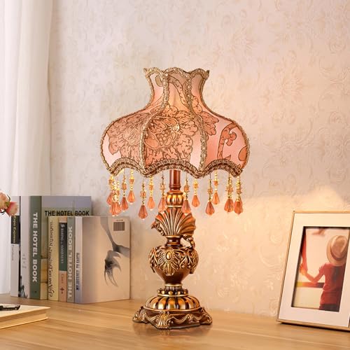 Antique Victorian Table Lamp Tiffany Style Floral Desk Light Fringe Fabric Lampshade Resin Base Romantic Beside Lamp for Bedroom Living Room Nightstand Office Study Home Decoration