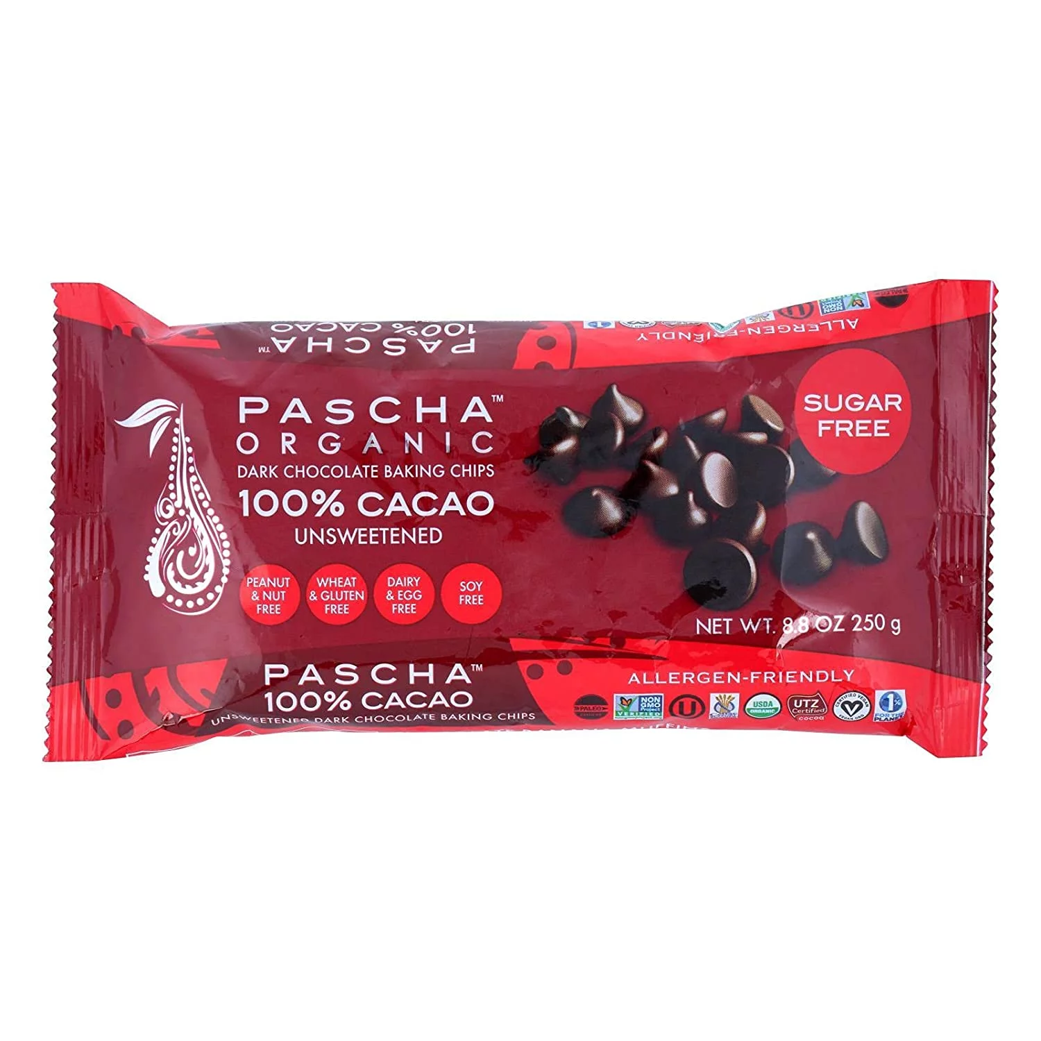 Pascha Organic Dark Chocolate Baking Chips 100% Cacao Unsweetened -- 8.8 oz Pack of 2