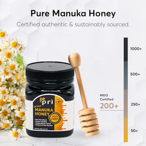 PRI Manuka Honey, Certified MGO 200+, Raw New Zealand Manuka Honey, 500g Jar