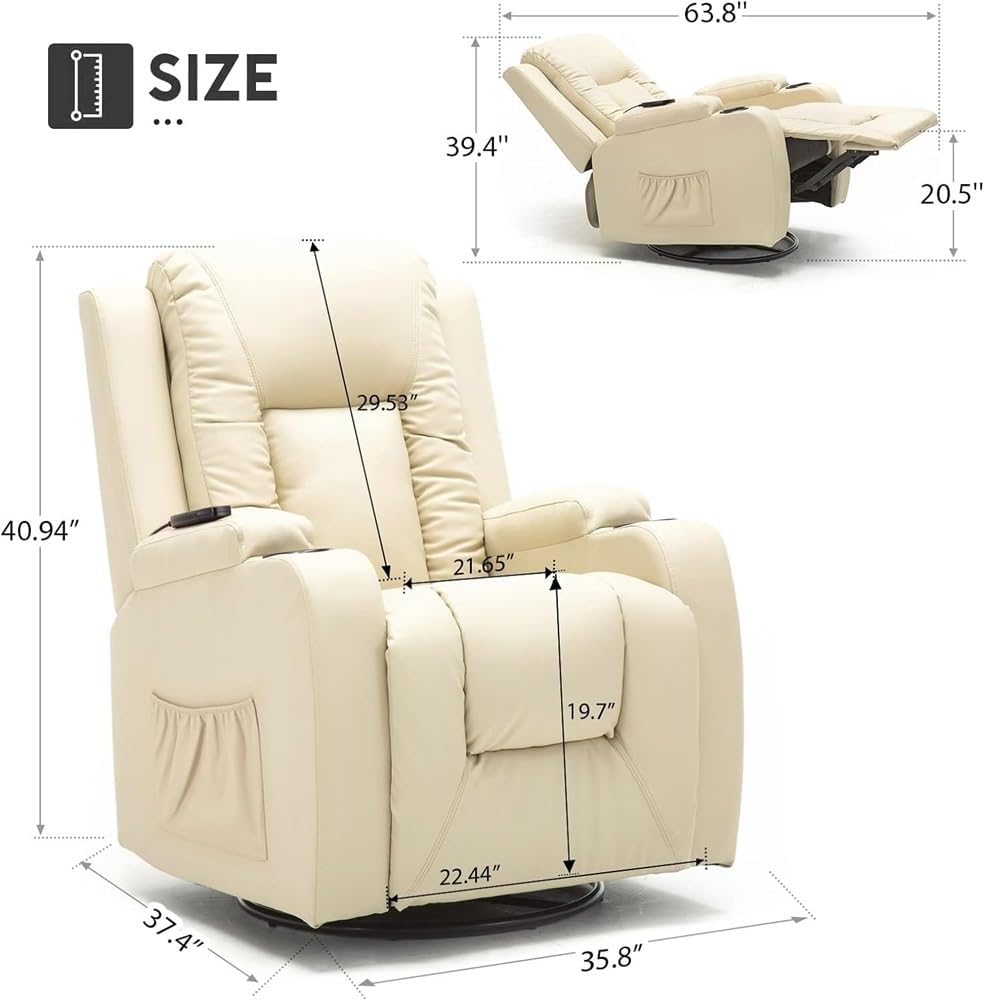 Deluxe Lazy Boy Recliner Chair Massage Rocker with Heated PU Leather - Ergonomic Lounge 360 Degree Swivel Sofa Seat with Drink Holders - Living Room Chair Cream - Relax in Ultimate Comfort
