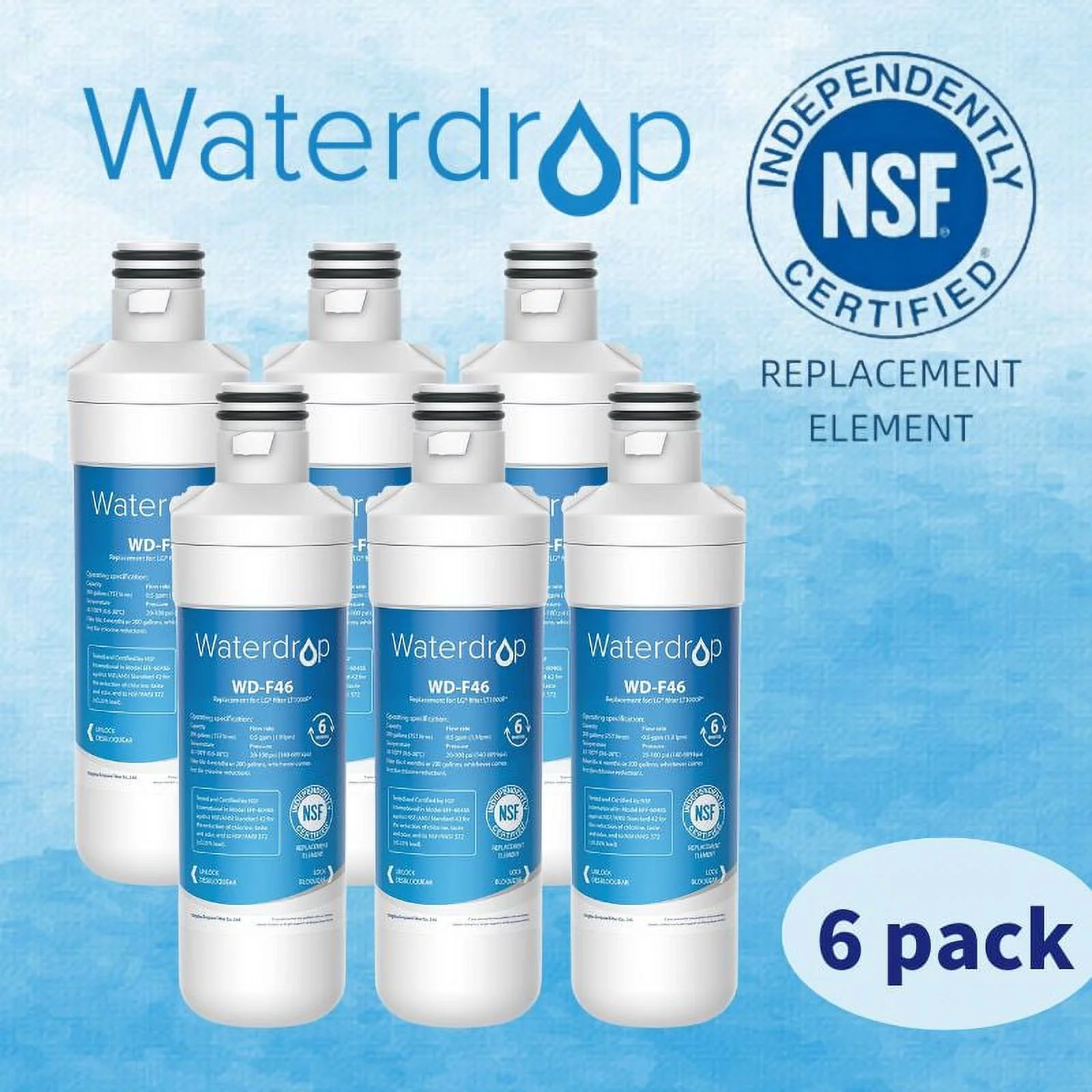 LG LT1000PC ADQ747935 MDJ64844601 Refrigerator Water Filter, Replacement for LG® LT1000P®, ADQ74793501, ADQ74793502, Kenmore 46-9980, 9980, LFXC24796S, LSFXC2496D, NSF Certified, Pack of 6