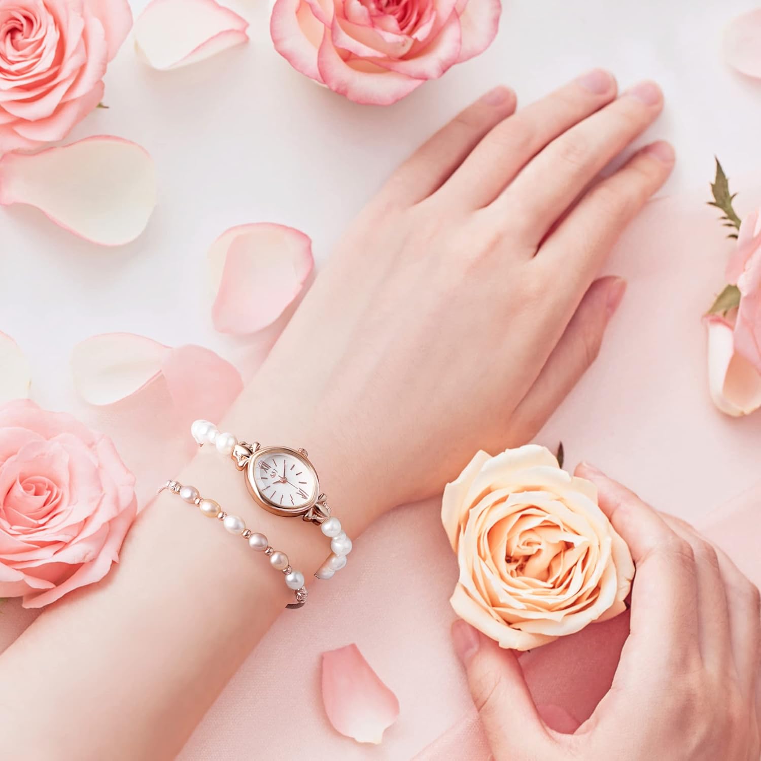 Clastyle Natural Pearls Watch and Bracelet Set for Women Rose Gold Ladies Dress Watch Set Mothers Day Gift Stylish Oval Dial Wrist Watches with Pearl Bracelet