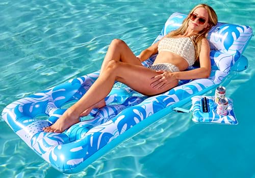 SLOOSH Adjustable Backrest Pool Floats - Tropical Leaves Pool Lounger Floaties Adults with Cup Holders, Inflatable Tanning Float Rafts Chair Beach Lake Lounge Floating Above Water Keep Cool (Blue)