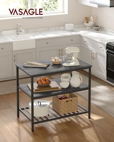 VASAGLE Kitchen Island with 3 Shelves, 47.2 Inches Width Kitchen Shelf with Large Worktop, Stable Steel Structure, Industrial, Easy to Assemble, Rustic Brown and Black UKKI01BX