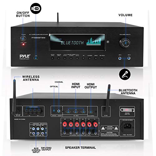 Pyle 1000W 5.2 Channel Home Theater Receiver - Bluetooth 5.0 - Amp w/ 2 UHF Wireless Mics - 4K UHD/3D/Blu-ray Pass-Through - MP3/USB/HDMI/AM/FM Radio - DSP EQ - Mic Echo & Volume Controls - PT888BTWM