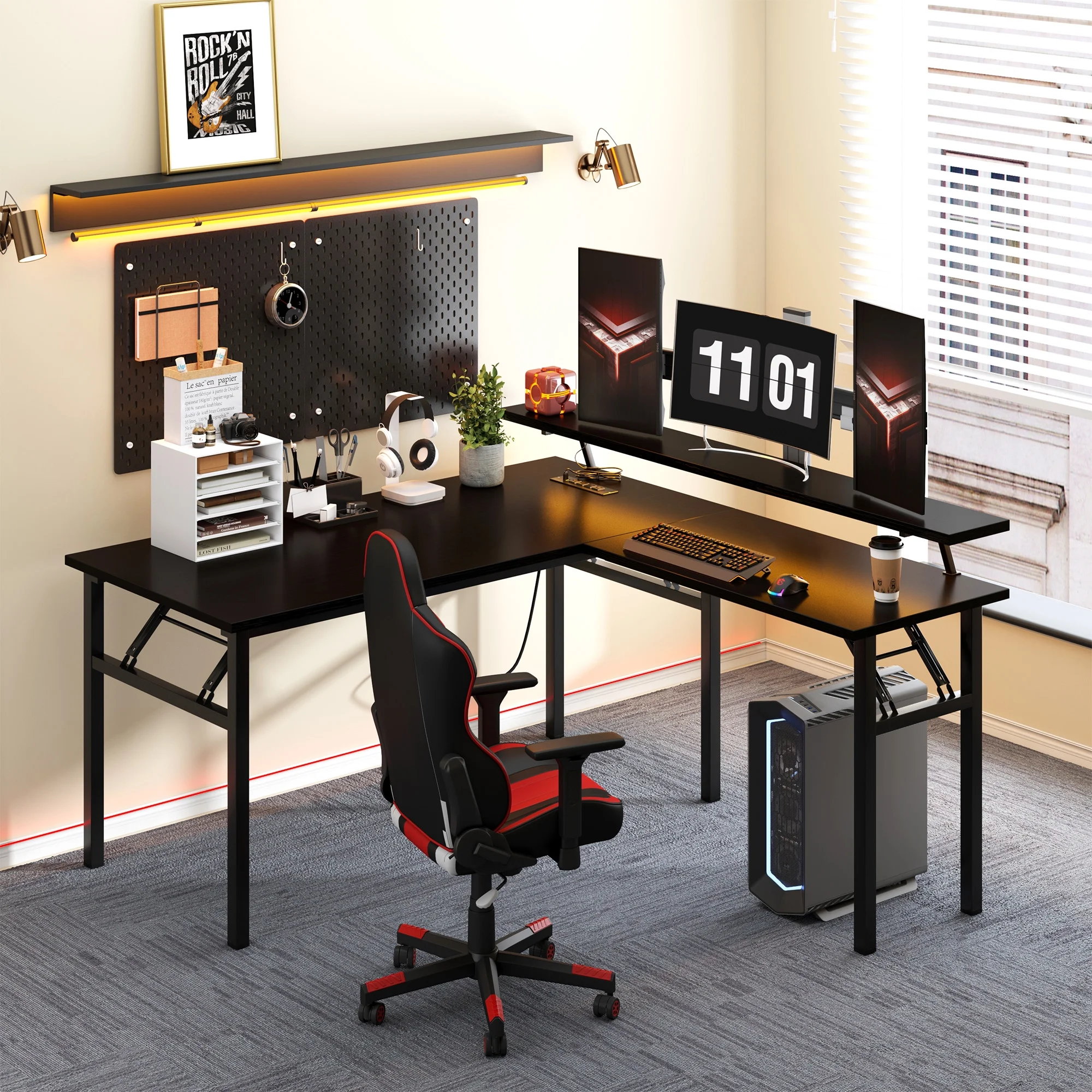 SOGES Corner Table Gaming Desk Writing Desk Workstation Desk Computer Desk with Adjustable Light Strip Design, Black