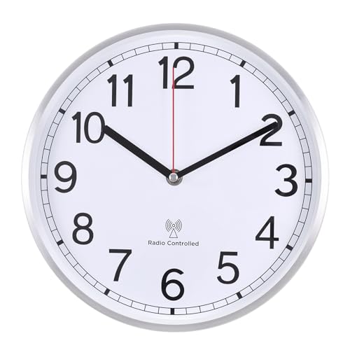 Atomic Analog Wall Clock, 14Inch Radio Controlled Sets Automatically Wall Clock, Aluminum Frame Wall Clock Decorative for Home Kitchen Living Room Bedroom Office School