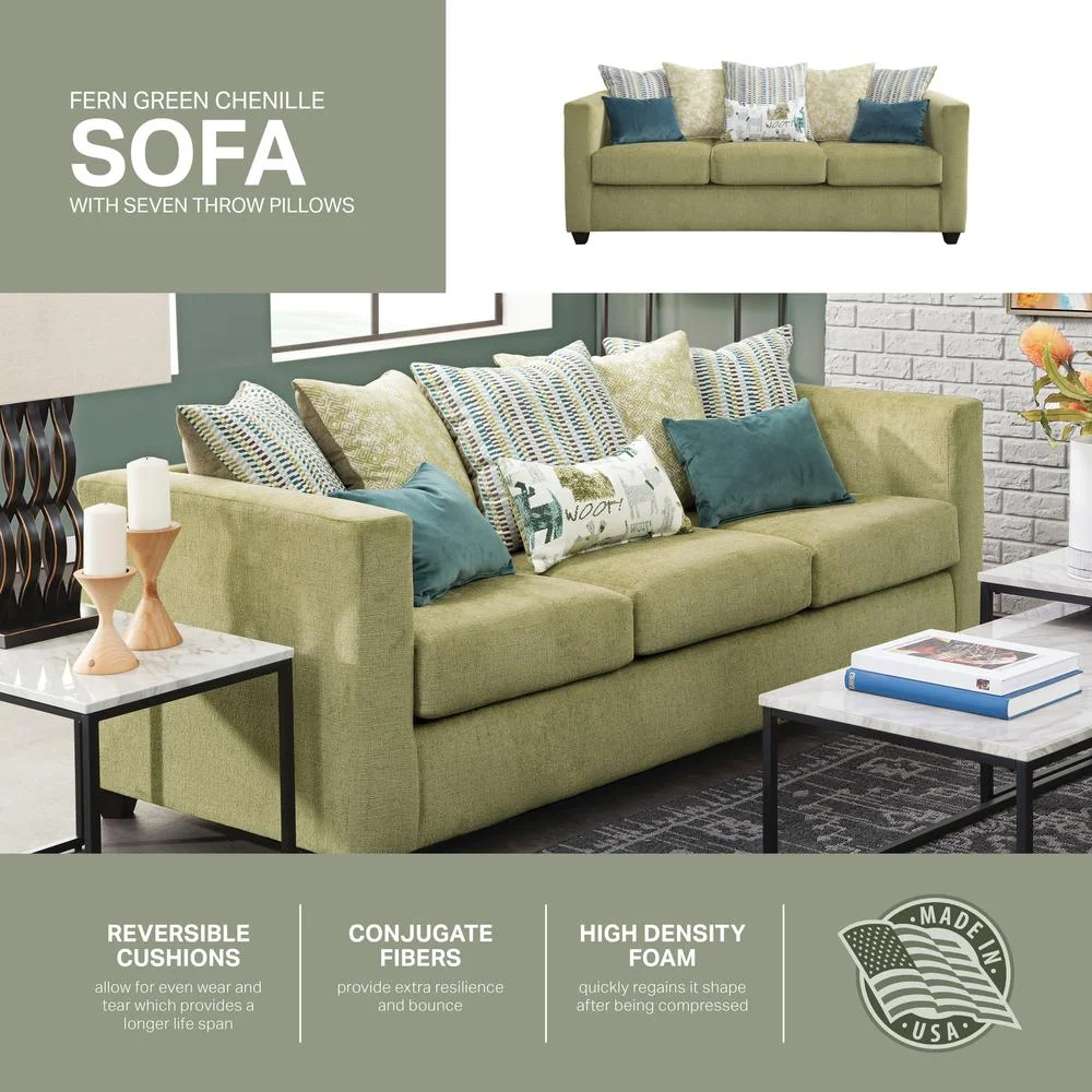 American Furniture Classics Model 8-010-A238V5 Urban Square Arm Green Sofa with Eight Throw Pillows