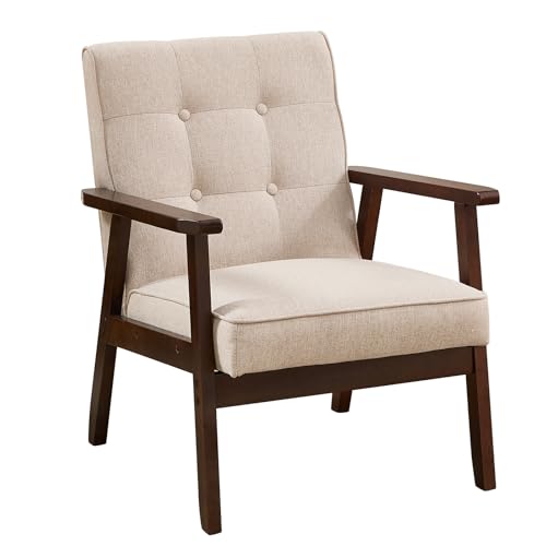 ANJ Mid Century Modern Accent Chair, Tufted Fabric Upholstery, Wood Frame, Beige