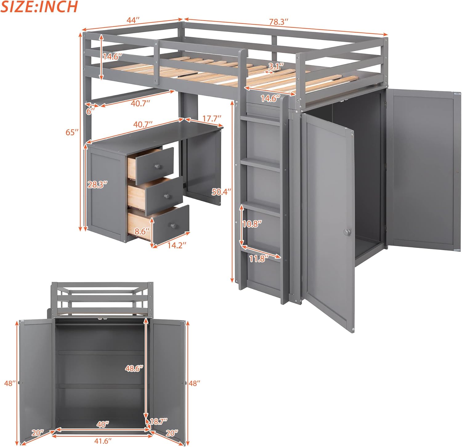 Gray Twin Loft Bed with Desk, 3 Drawers, and Wardrobe - Multi-Functional Wooden Twin Loft Bed Frame for Kids, Teens, Adults. Maximize Space and Storage in Your Bedroom.