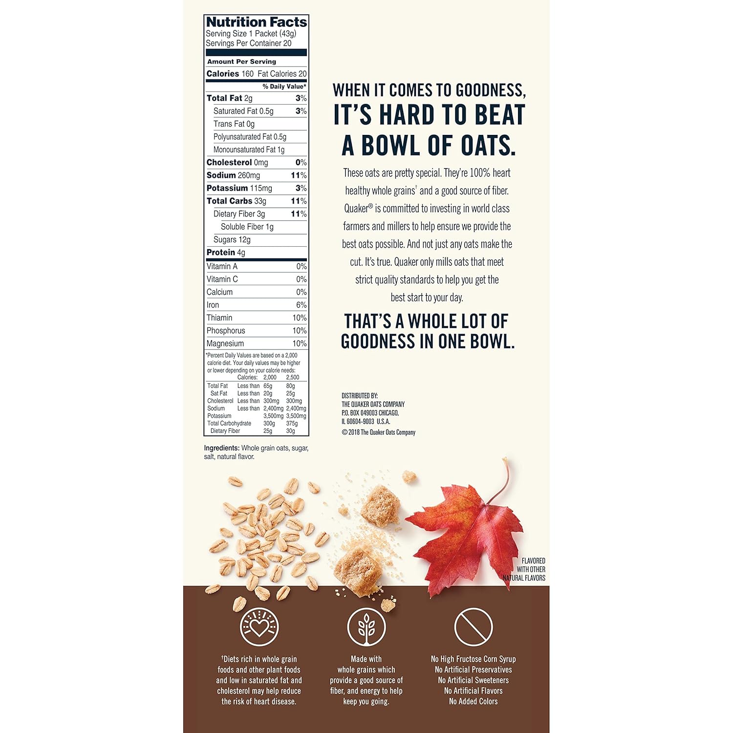 Quaker Maple & Brown Sugar Instant Oatmeal, 20 Count, 1.51 oz Packets