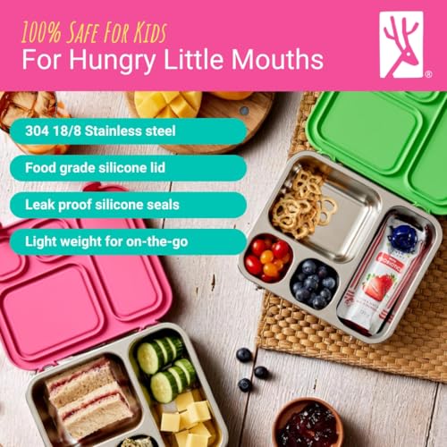 Elk and Friends Kids Stainless Steel Bento Box with Silicone Lid | Leak-proof | Toddler Lunch Container | 4 Compartments | Dishwasher Safe