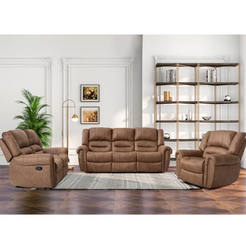 CANMOV Manual Recliner Sofa Set,2 Pieces Sofa Furniture Set for Living Room,Manual Reclining Sofa and Recliner Loveseat with Overstuffed Armrest for Living Room,Bedroom Furniture,Office(Nut Brown,2+3)