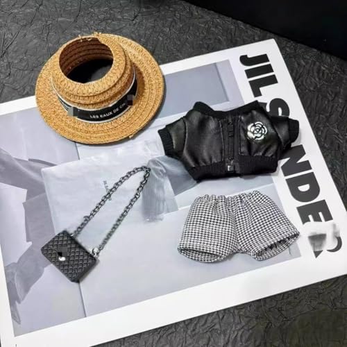 Clothes for 17cm Doll(No Doll) – Cute 4-Piece Straw Hat, PU Leather Jacket&Houndstooth Shorts Outfit with Chain Bag,Chic Fashion Accessories Set Compatible with 17cm Collectible Art-Toy Figures