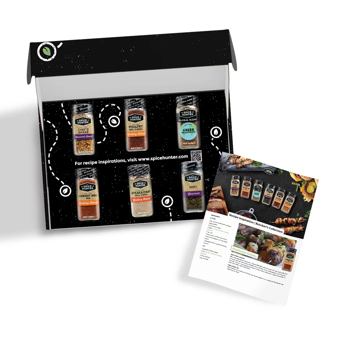 The Spice Hunter Butcher's Collection Meat Seasoning Kit contains 6 Spices and Recipe Gift Box