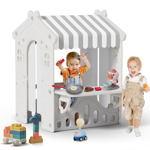 BIERUM Kids Playhouse with Cute Kids Pretend Play Kitchen Toys Set, Outdoor Playhouse for Toddlers Aged 1-3, with Windows, Door Curtains and Foldable Stand and Play Platform Blue