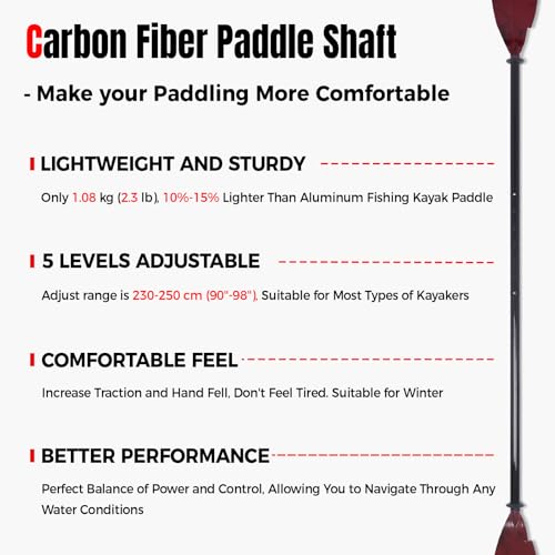 Angler Kayak Paddles Carbon Fiber Shaft and Plastic Blade, Floating Adjustable Fihsing Kayak Oars with Paddle Leash, 230-250cm/90-98 inch