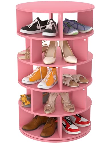 Aheaplus Rotating Shoe Rack, 5-Tier Wood Shoe Organizer for Closet, 360° Spinning Shoe Rack Tower Space-Saving Shoe Storage Shelf for Entryway, Garage, Bedroom, Pink