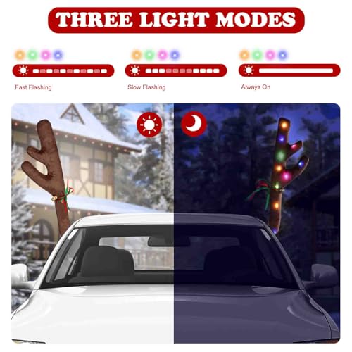 Car Reindeer Antlers & Nose Light Up with Lights, Reindeer Christmas Decoration Window Roof-Top & Front Grille with Jingle Bells, Reindeer Car Kit for SUV Van Truck