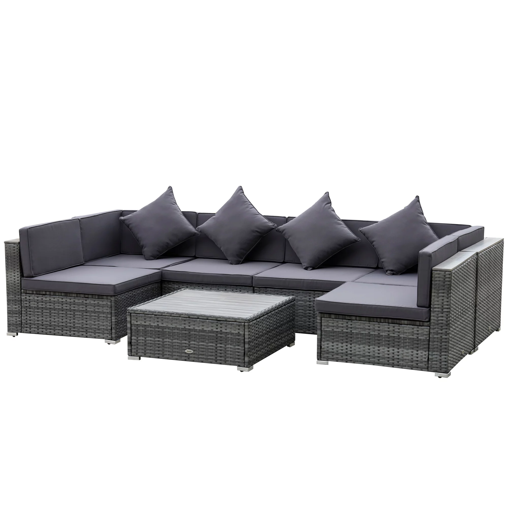 Outsunny 7-Piece Patio Furniture Sets PE Rattan Sectional Sofa Set Outdoor Conversation Set w/ Acacia Top Coffee Table & Cushion for Garden, Backyard, Grey