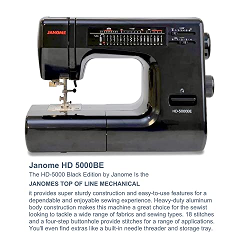 Janome HD-5000 Black Edition Heavy-Duty Sewing Machine with Aluminum Body, 18 Stitches, Free Arm, and Built-In Needle Threader