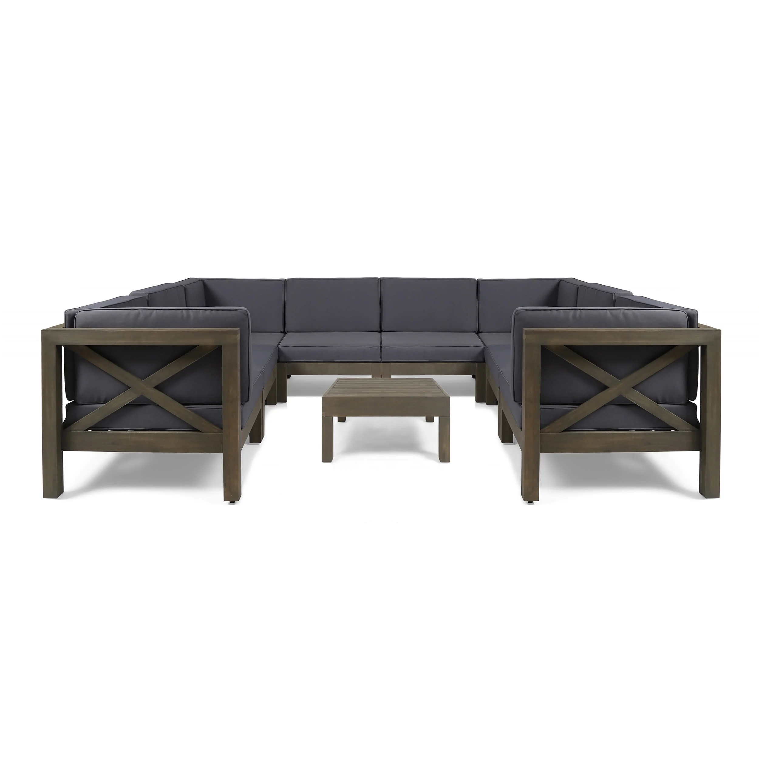 GDF Studio Keith Outdoor Acacia Wood 8 Seater Sectional Sofa Chat Set with Cushions, Gray and Dark Gray