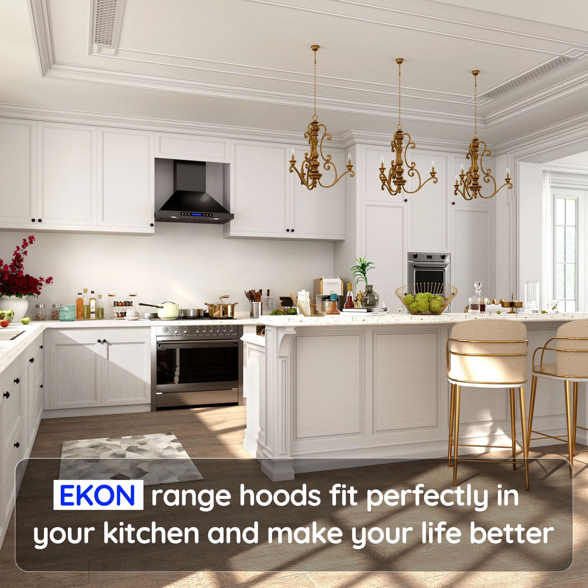 EKON Kitchen Expert 30 inch 900 CFM Convertible Black Stainless Steel Wall Mount Range Hood