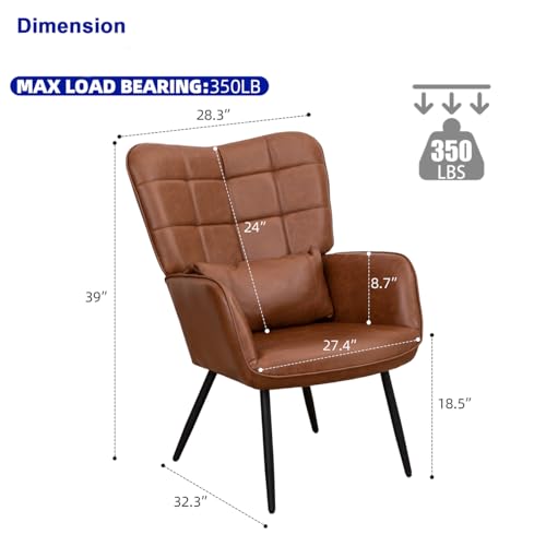 Modern Accent Chair with High Back, Leather Armchair with Metal Legs and Soft Padded, Upholstered Single Sofa Chairs for Living Room, Bedroom, Dining Room, Home Office - 1PC (Brown)
