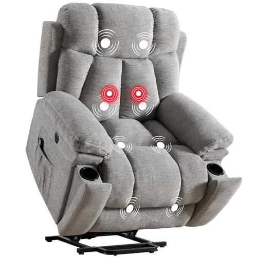 Phoenix Home Large Power Lift Recliner Chair with Massage and Heat for Elderly, Overstuffed Wide Recliners with 2 Cup Holders, Side Pocket and USB Port, Dark Gray