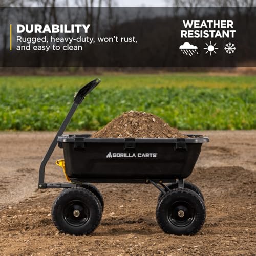 Gorilla Carts Heavy-Duty Dump Cart, Patented Quick-Release Dumping, Steel Frame, 600 lb Capacity, No-Flat 10-Inch Tires, Utility Wagon for Garden, Yard, Beach
