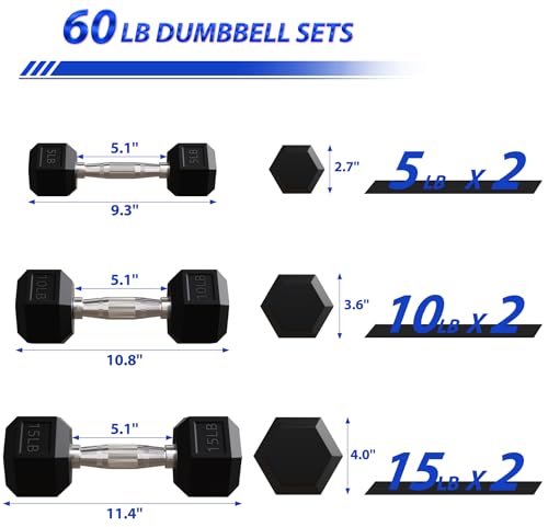 Signature Fitness Premium Rubber Encased Hex Dumbbell Sets, 60LBS, 100LBS, 150LBS, 210LBS, 300LBS, 550LBS Options