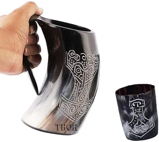 Medieval Handmade Authentic Viking Thor Drinking Horn Mug- For Hand Engraved Shot Drink Cup - Food Safe Beer Horns Rustic Vintage Home Decor Gifts