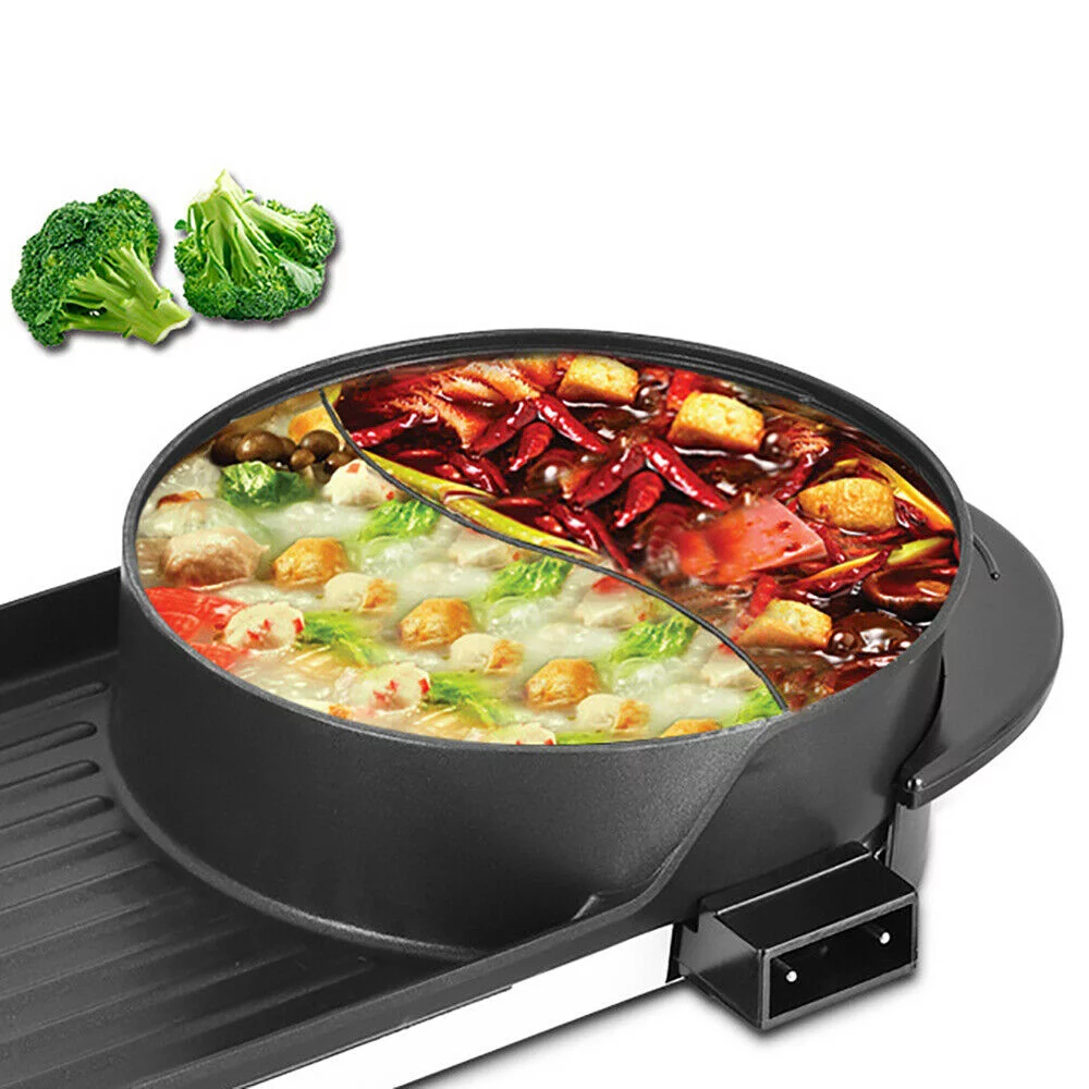 2 in 1 Electric Hot Pot Barbecue Grill Smokeless Grill BBQ Teppanyaki Shabu Pot Non-Stick Pan
