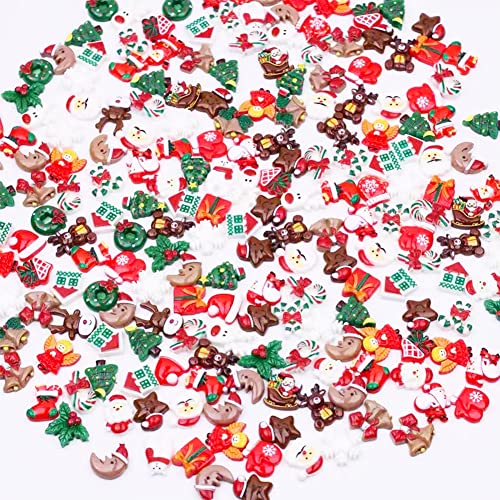 100pcs Christmas Slime Flatback Charms, Assorted Craft Resin Ornaments Miniature Ornaments Set, Santa Snowman Tree Bell Resin Decoration for Craft Making, Ornament Scrapbooking DIY Crafts