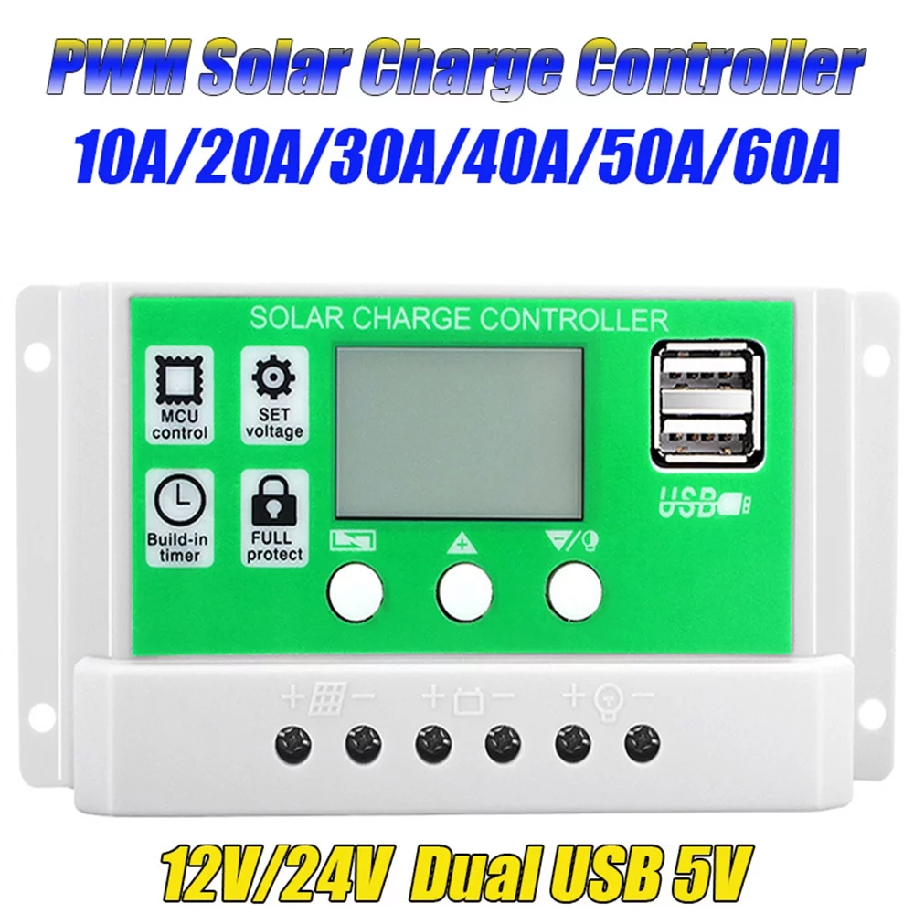 Ametoys Solar Controller 12V/24V Auto PWM, LCD Display, Dual USB 5V Output - Optimal Power Control for Solar Energy Systems