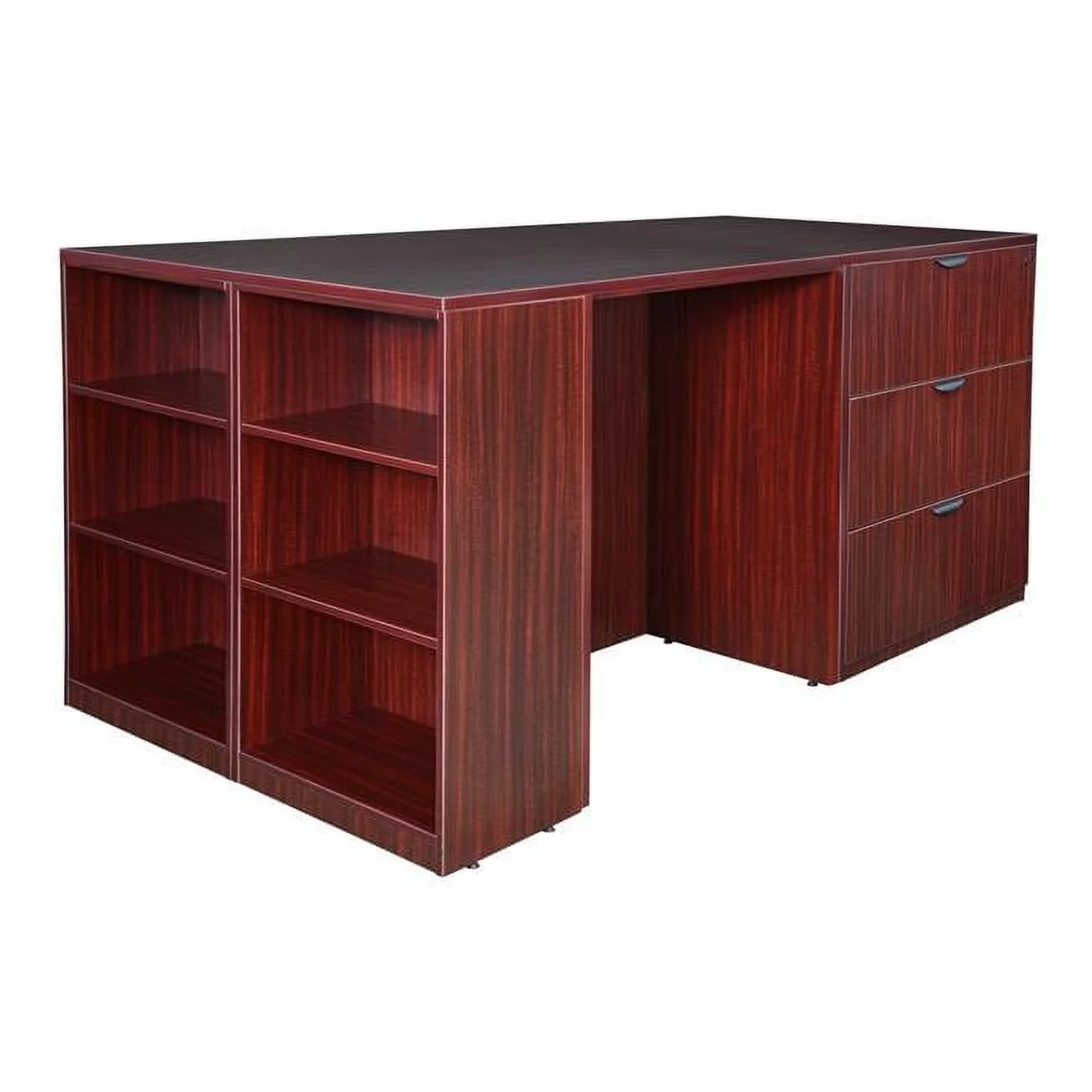 Legacy Stand Up Lateral File & 3 Desk Quad with Bookcase End, Mahogany