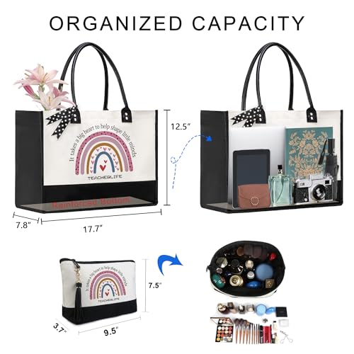 BeeGreen Mother's Day Gifts Personalized Women's Large White and Black Canvas Tote Bag, Embroidered Initials, Leather Handle, Zipper Closure