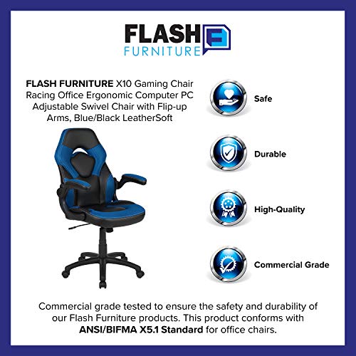 Flash Furniture X10 High-Back LeatherSoft Racing Style Gaming Chair with Flip-Up Arms, Ergonomic Padded Swivel Computer Chair, Blue/Black
