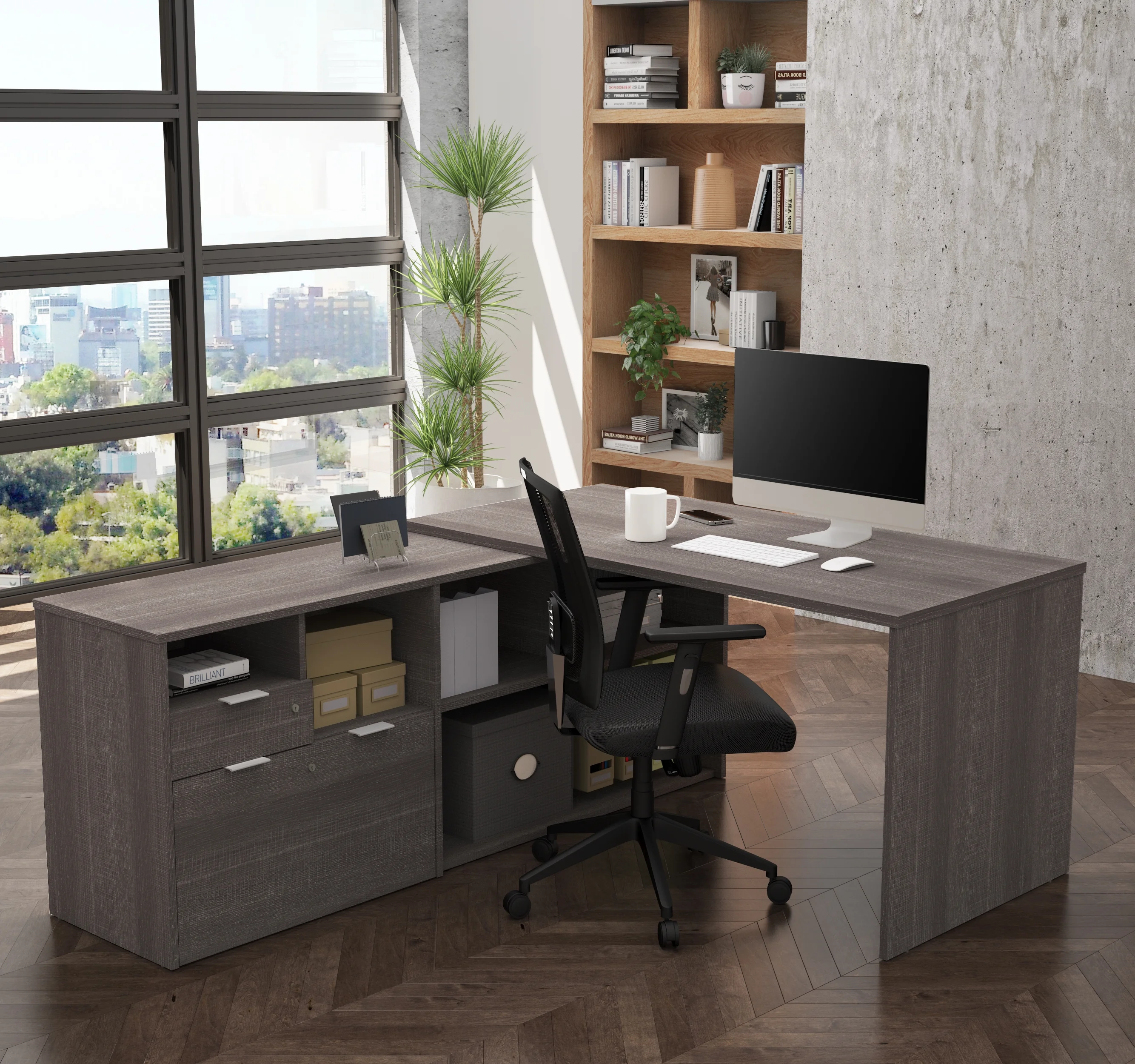 Bestar i3 Plus 72W L-Shaped Desk in bark grey