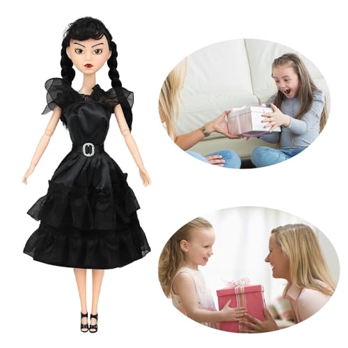 9''Addams Doll, Black Dress Christmas Dolls, Black High Heels, and Black Hair, Birthday Gifts for Kids Girls Fans (NEW-2PCS)