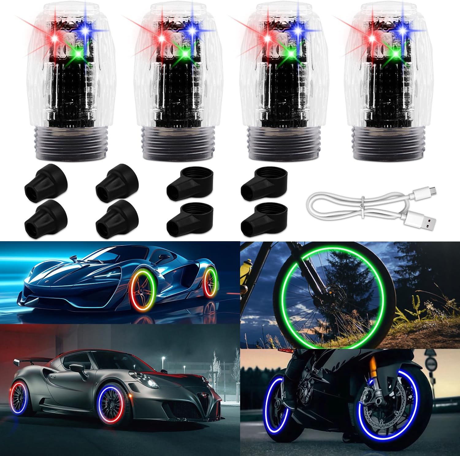 4 PCS Tire Valve Light, LED Colorful Wheel Lights, Waterproof Flash Light Tire Valve Cap Lamp for Car Truck Motorcycle Bike