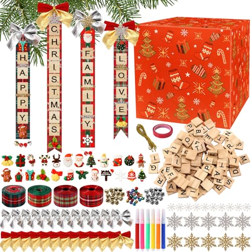 228 Pcs Christmas Ornaments DIY Christmas Tree Decorations Letter Ribbon Bells Bow Hanging Xmas Decor for Xmas Tree Present Wreath Room Holiday Supplies